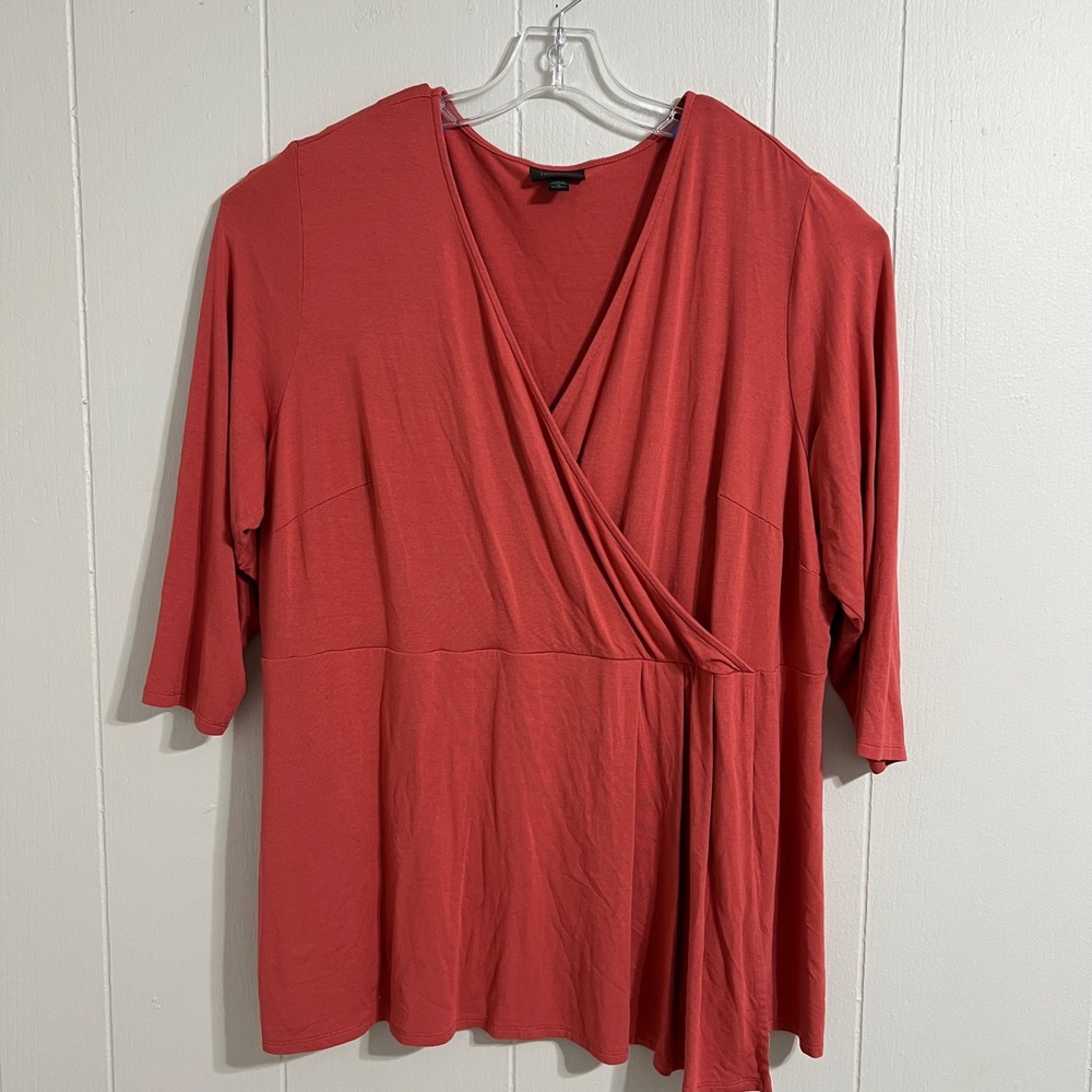 J.Jill WearEver Collection Coral Red 3/4 Sleeve Faux Wrap‎ Knit Top Women's 2X